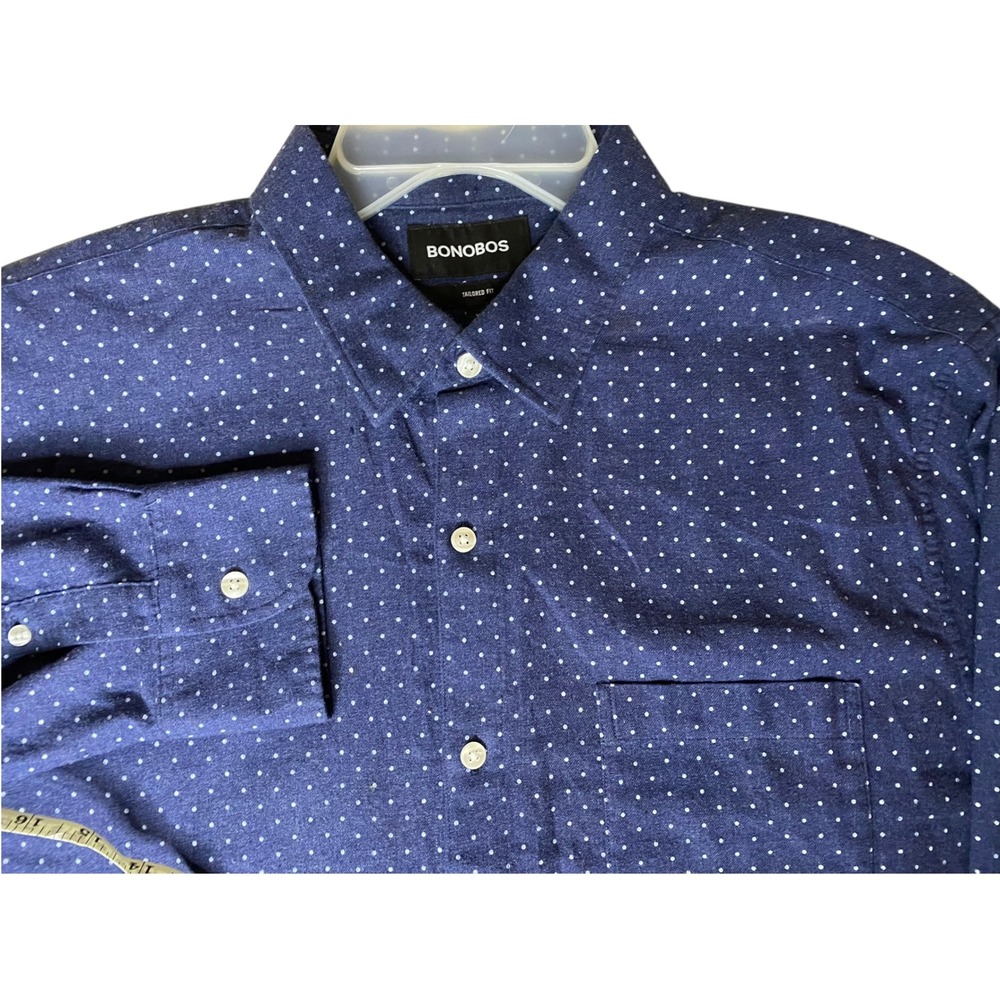 Bonobos Mens XL Tailored Fit Navy Blue White Polka Dot Light Flannel Dress Shirt